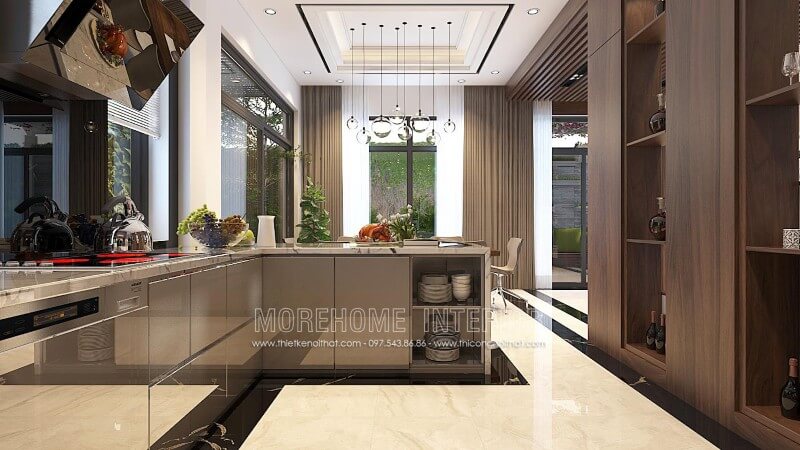 Mẫu tủ bếp gỗ công nghiệp phủ bóng gương đầy mới lạ, tone màu xám nhẹ ấn tượng mang lại sự sang trọng cho căn phòng Tủ bếp gỗ công nghiệp