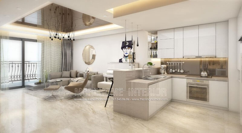 Tủ bếp gỗ công nghiệp màu trắng tạo cảm giác sáng sủa, tươi mới cũng như tăng cường ánh sáng tự nhiên mang lại cảm giác sạch sẽ. nên một không gian bếp hiện đại và sang trọng Tủ bếp gỗ công nghiệp