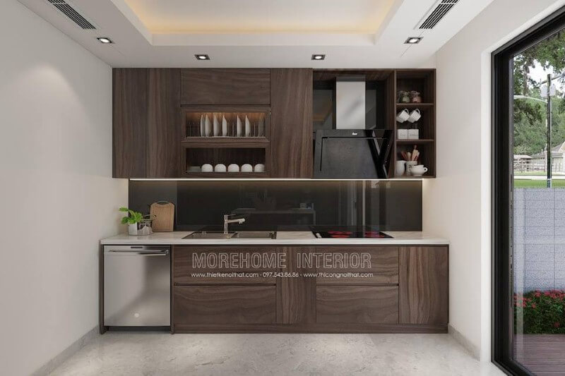 Mẫu tủ bếp gỗ công nghiệp laminate tối màu đẹp, sang trọng cho không gian bếp hiện đại. Tủ bếp gỗ công nghiệp