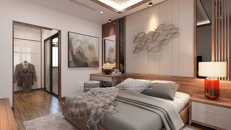 Bố trí nội thất phòng ngủ nam khép kín cùng một khoảng diện tích vừa phải thuận tiện cho việc thay đồ là một ý tưởng khá độc đáo trong biệt thự hiện đại Vinhomes Imperia Hải Phòng.