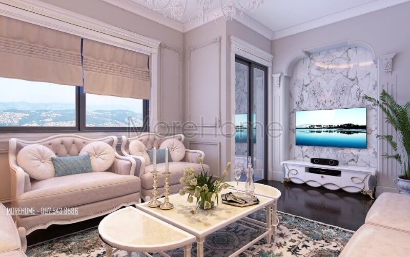 Mẫu sofa phòng khách tân cổ điển với tone màu trắng chủ đạo mang đến một không gian tiếp khách sang trọng và tinh tế.