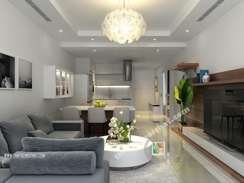 . Để thiết kế một phòng khách hiện đại, tiện nghi trong căn hộ chung cư, cần sử dụng đồ nội thất nhỏ gọn và có cách sắp xếp hợp lý để tiết kiệm diện tích căn phòng.
